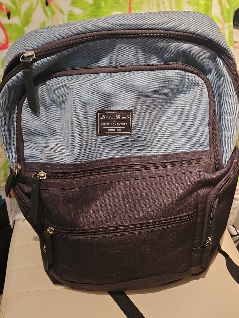 Eddie Bauer Light Blue and Dark Gray Diaper Bag with Multiple Front Pockets